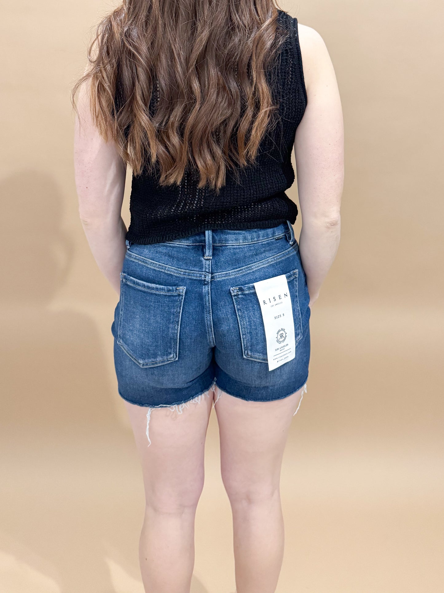 MJ Dark Wash Raw Hem Denim Shorts, Risen