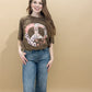 Patchwork Peace Sign Oversized Graphic Tee, Brown