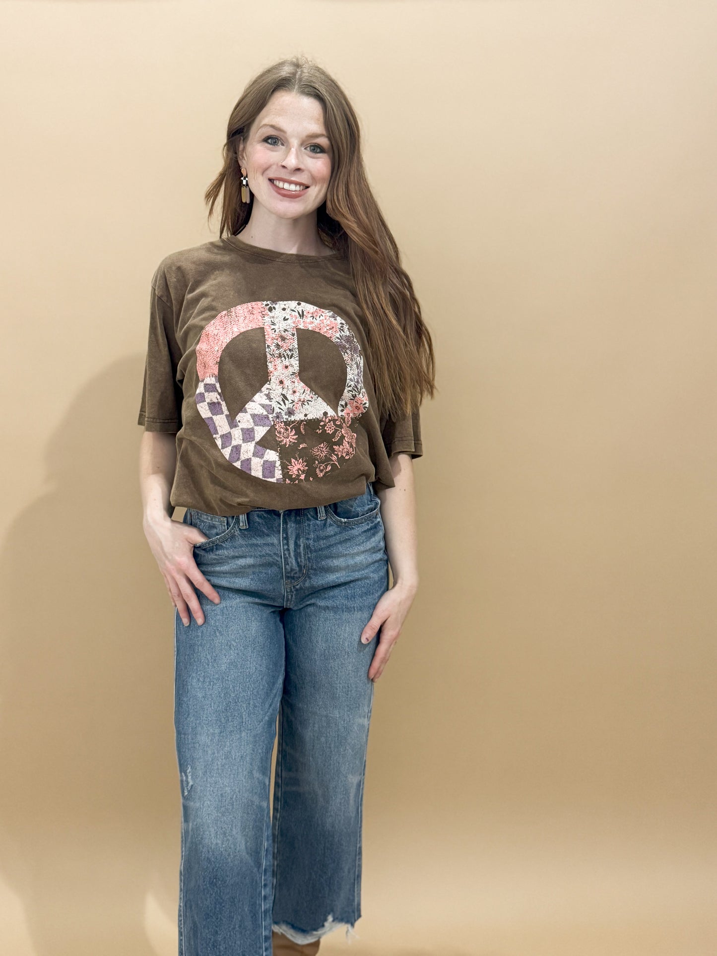 Patchwork Peace Sign Oversized Graphic Tee, Brown