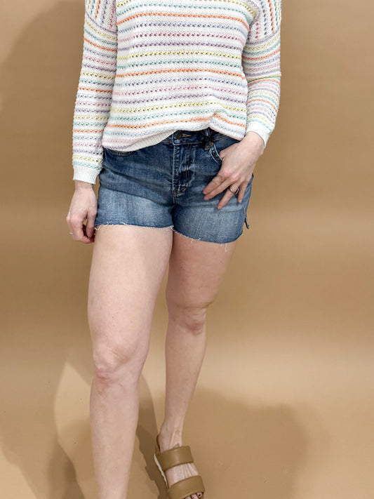 Iris High Rise Raw Hem Vintage Blue Wash Shorts, Mica Denim