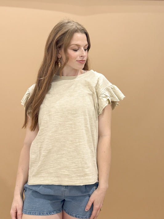Dusti Wing Sleeve Cotton Slub Mineral Wash Knit Top, Khaki