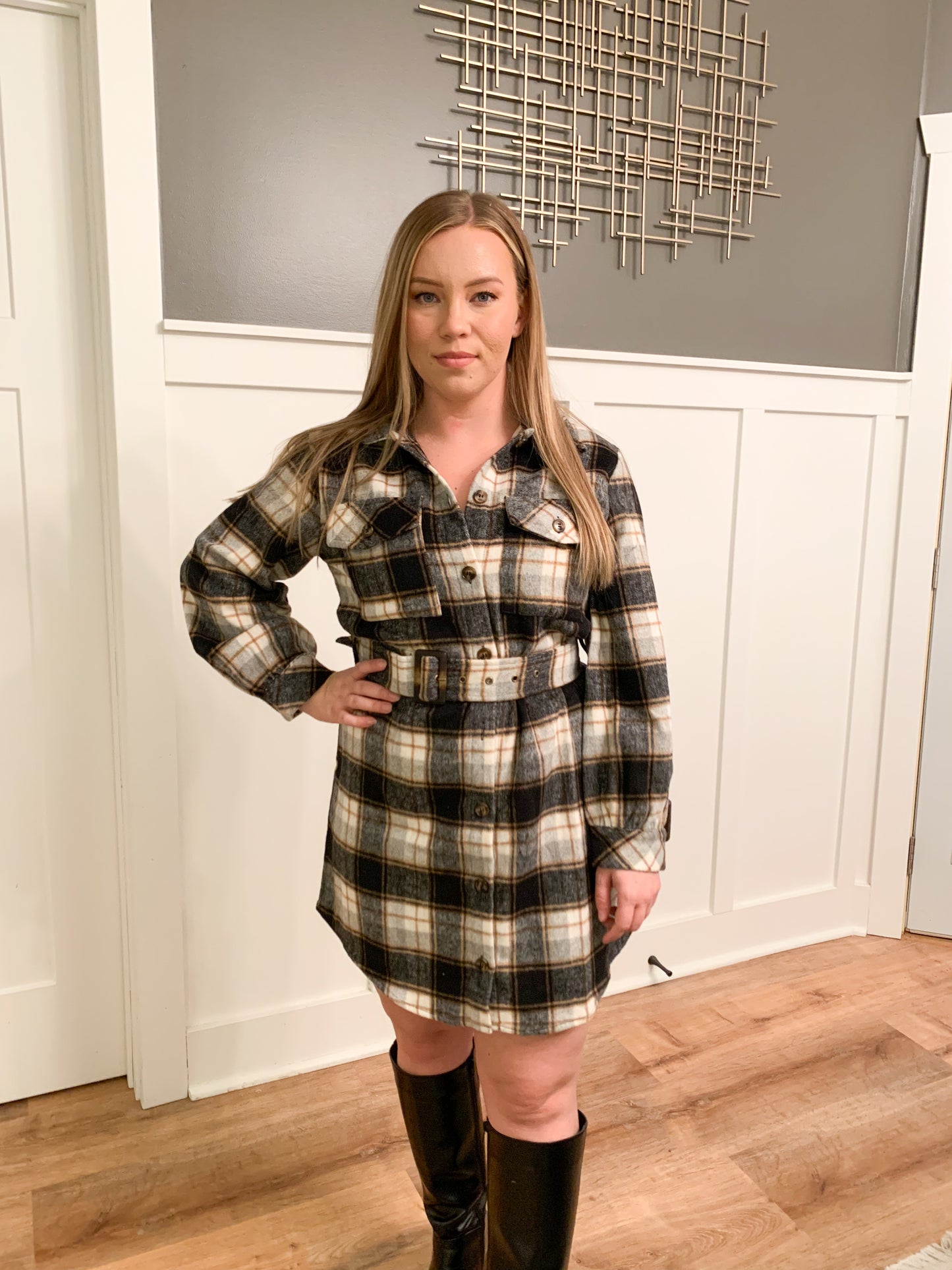 Danica Flannel Belted Mini Dress, Black