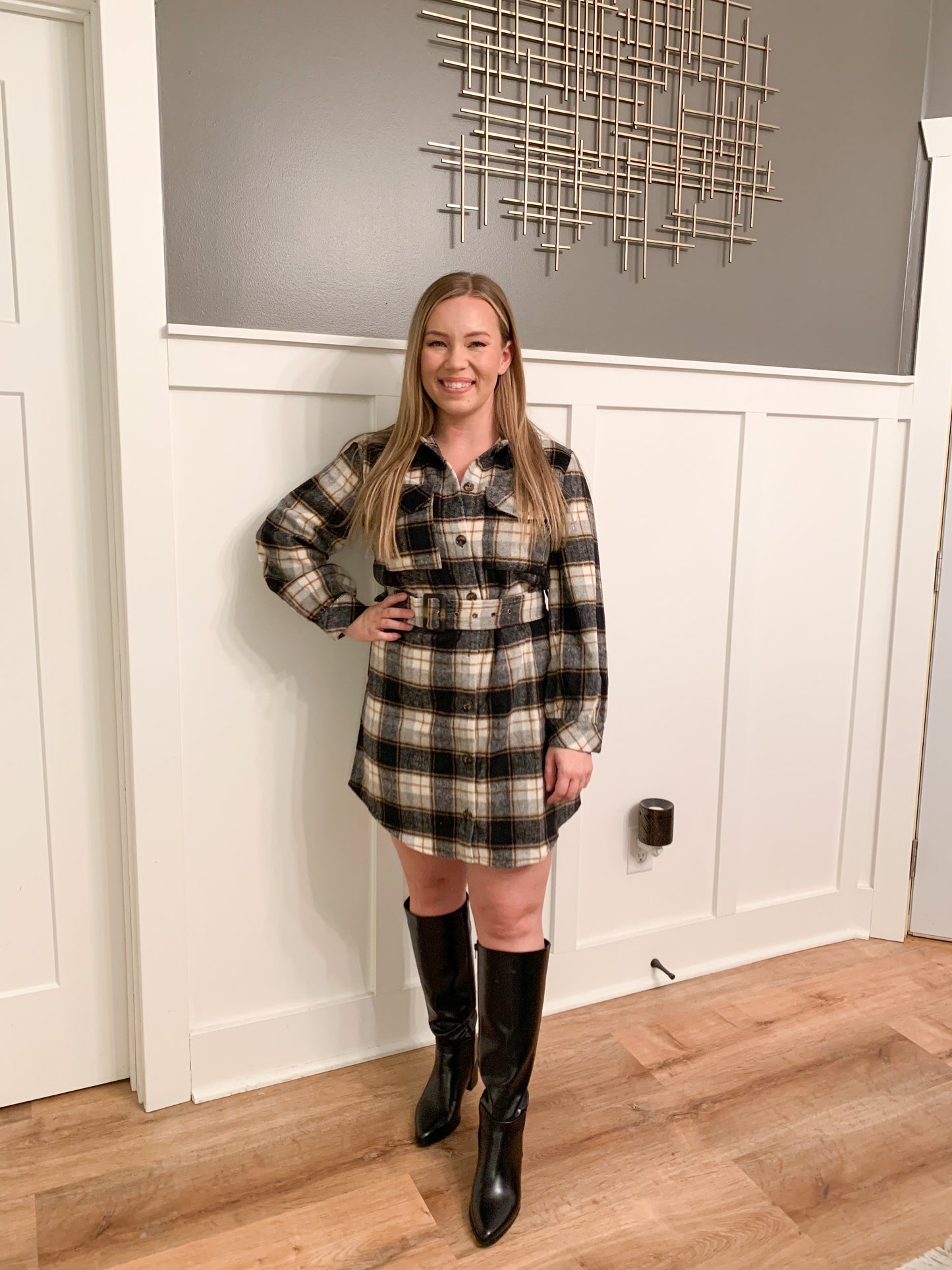 Danica Flannel Belted Mini Dress, Black