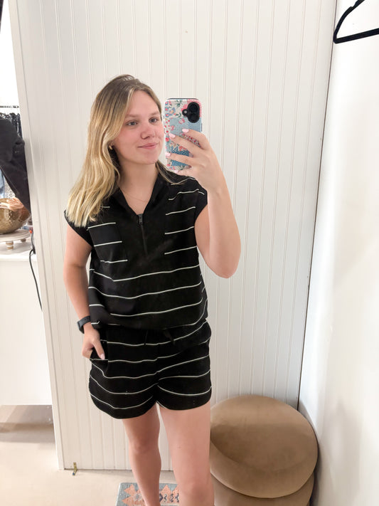 Graci Striped V-Neck Scuba Top, Black/White