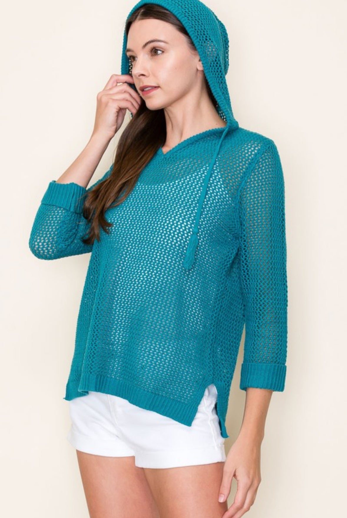 Stormi Crochet Hoodie Sweater, Teal