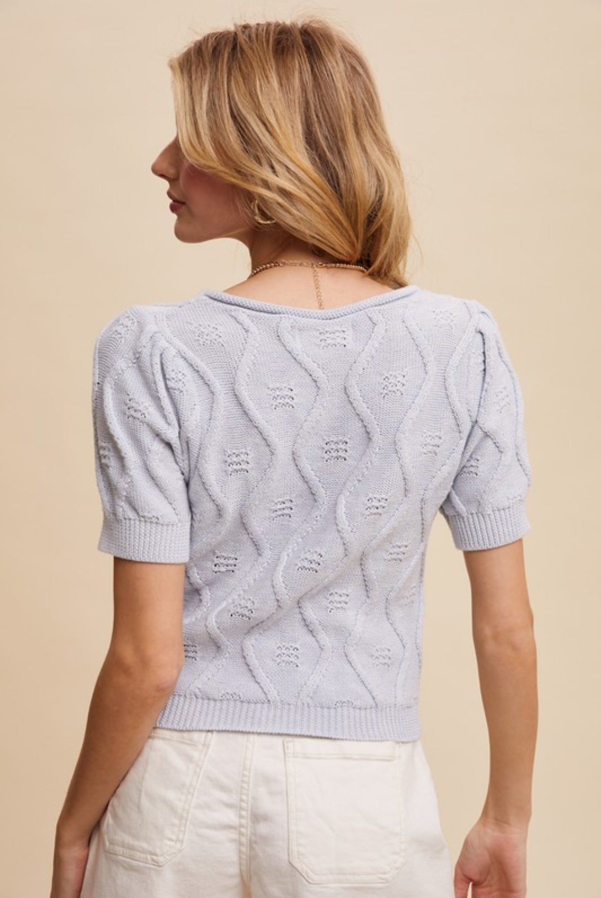 Helen Textured Puff Sleeve Knit Top, Satin Blue