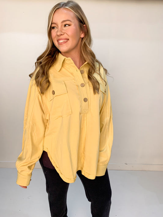 Madeline French Terry Oversized Half Button Pullover, Dusty Yellow