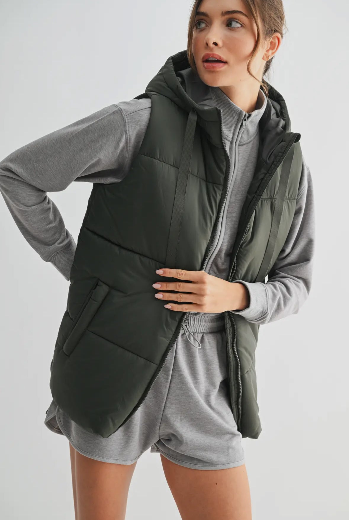 Minnie Longline High Neck Padded Vest, Olive