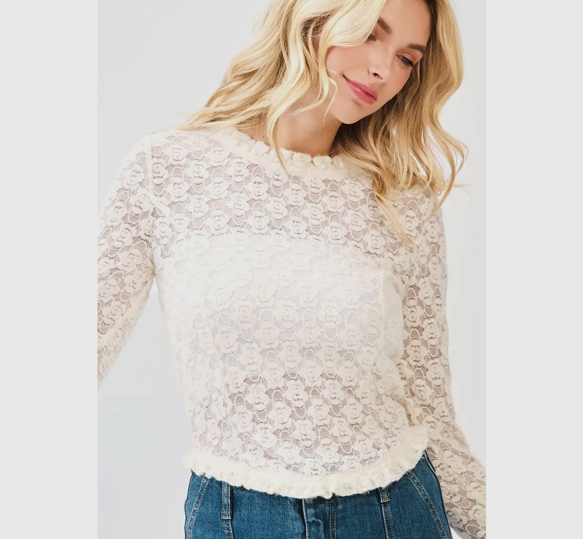 Drew Lace Sleeve Curved Hem Crop Top, Cream