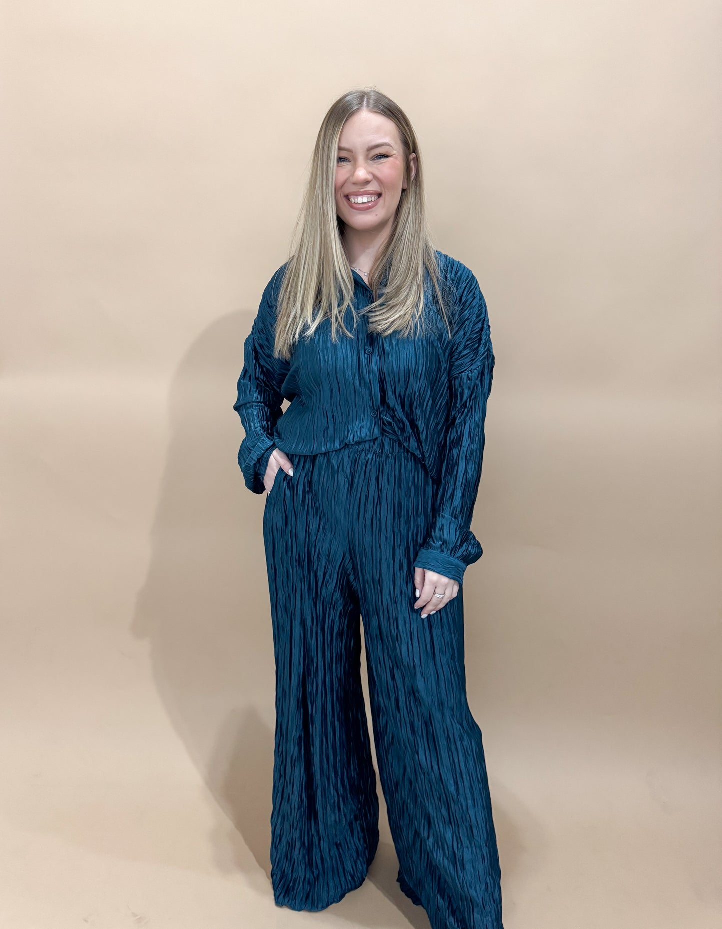 Greta Geo Pleated Pants, Teal