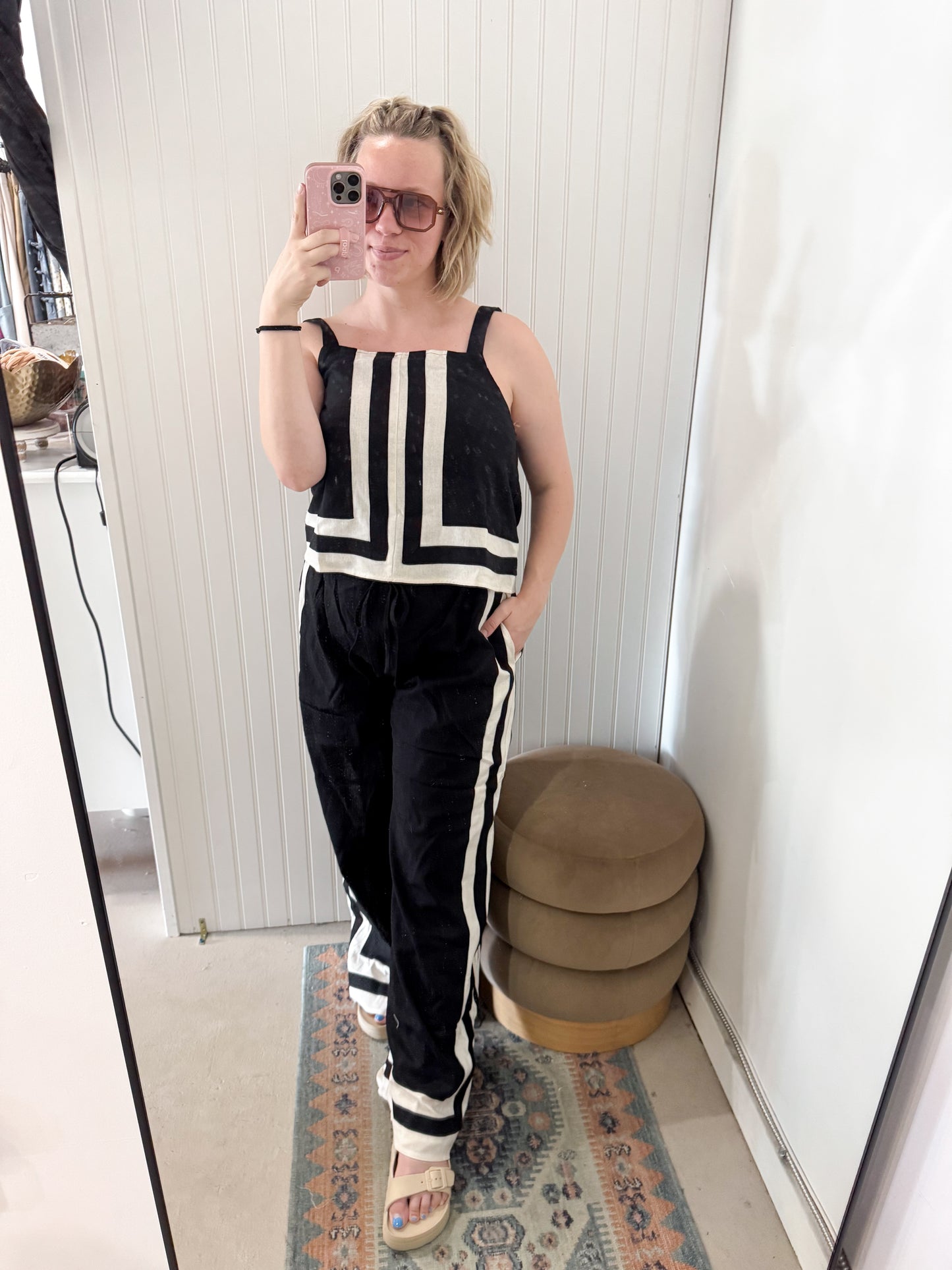 Mindi Black and Cream Linen Pants
