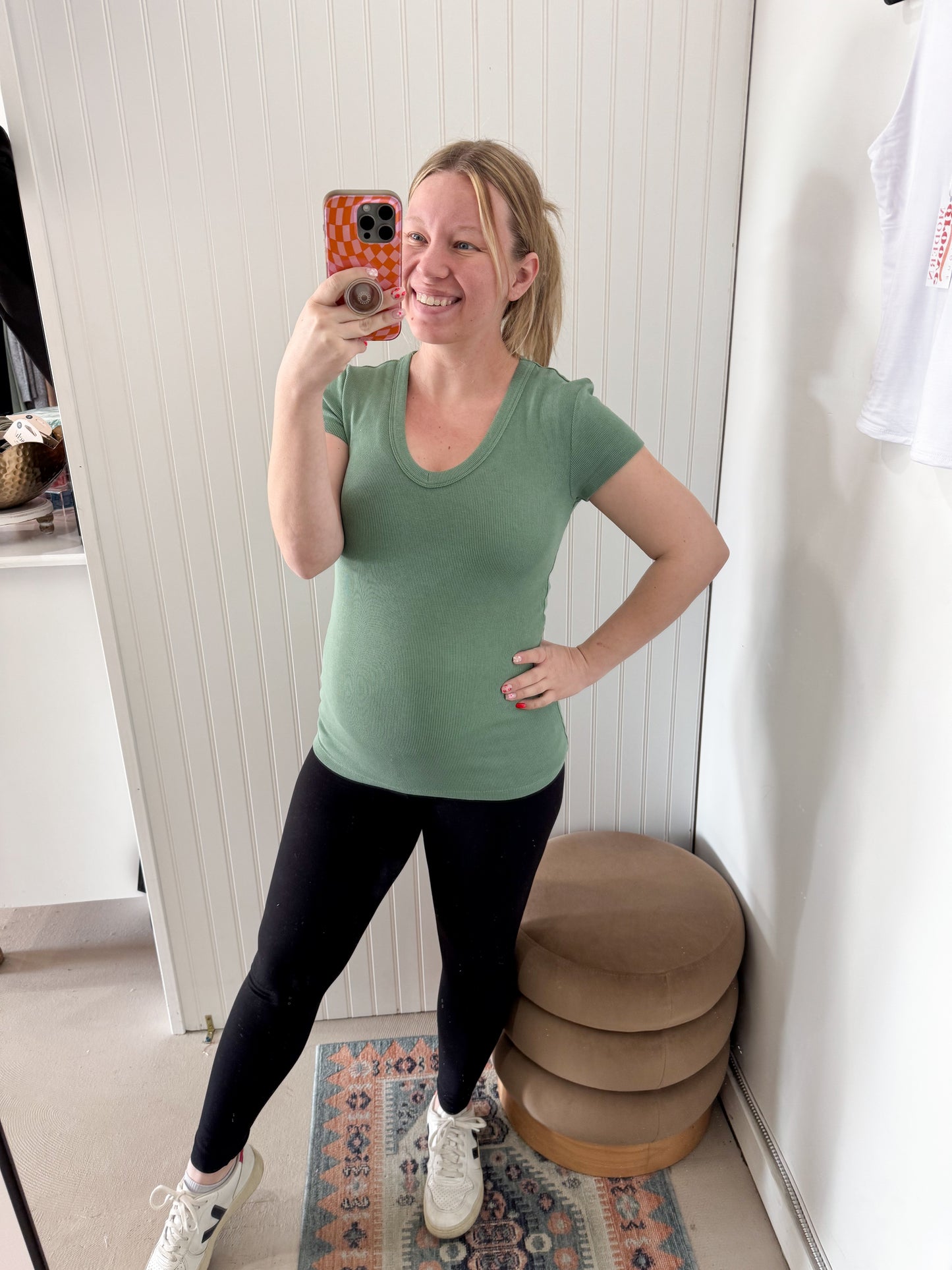 Wren Ribbed Scoop Neck Tee, Green
