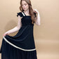 Ivy Contrast Detail Smocked Ruffle Midi Dress, Black / Cream