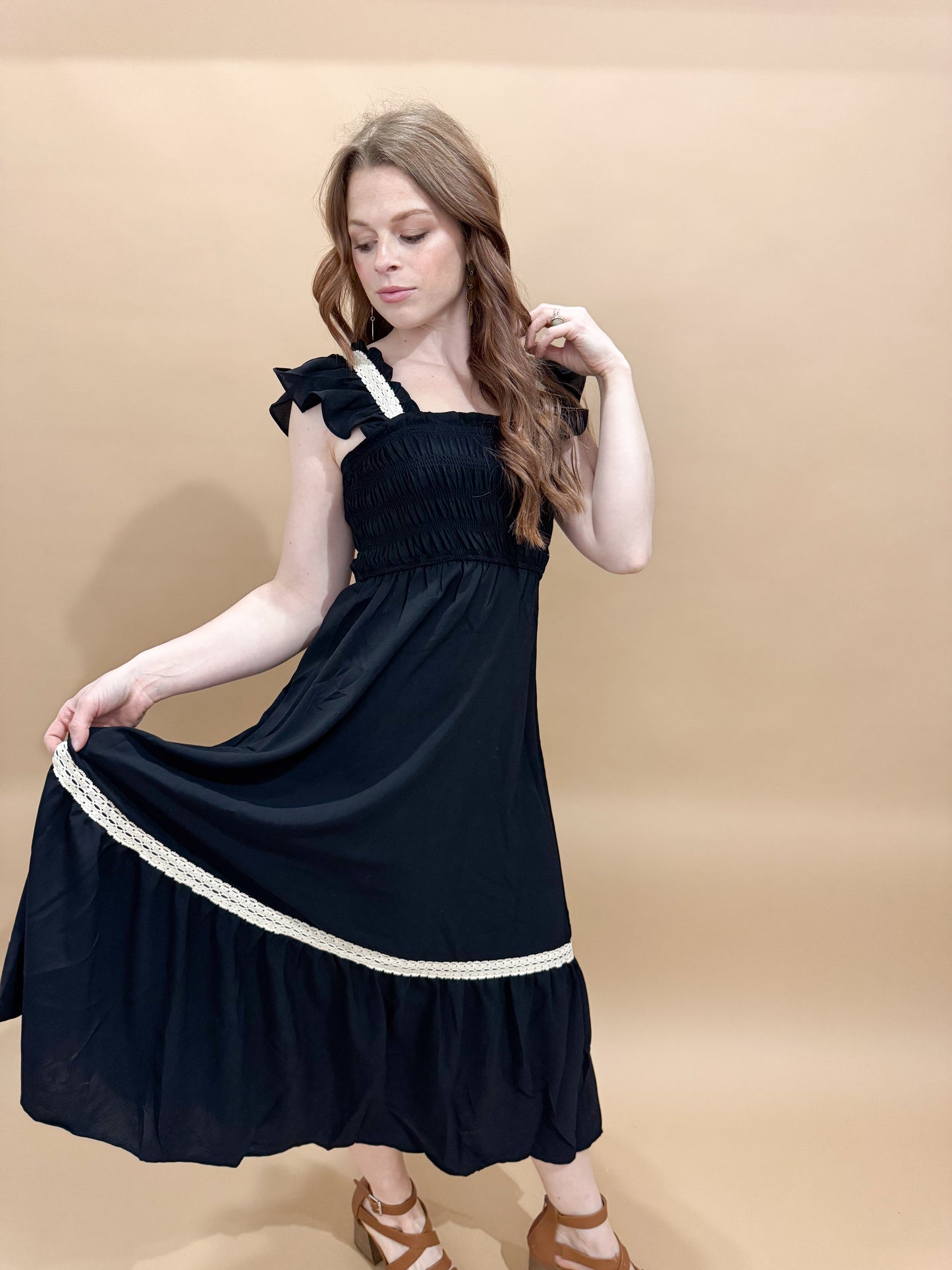 Ivy Contrast Detail Smocked Ruffle Midi Dress, Black / Cream