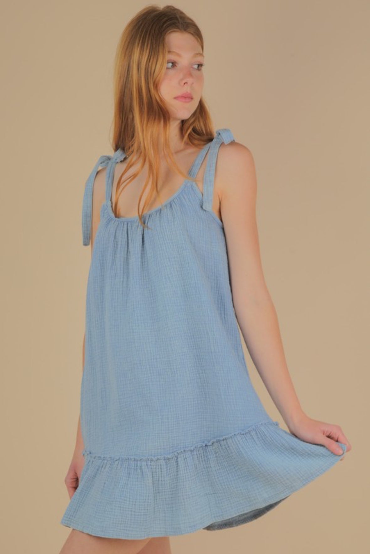 Kathi Mineral Washed Shoulder Tie Mini Dress, Denim