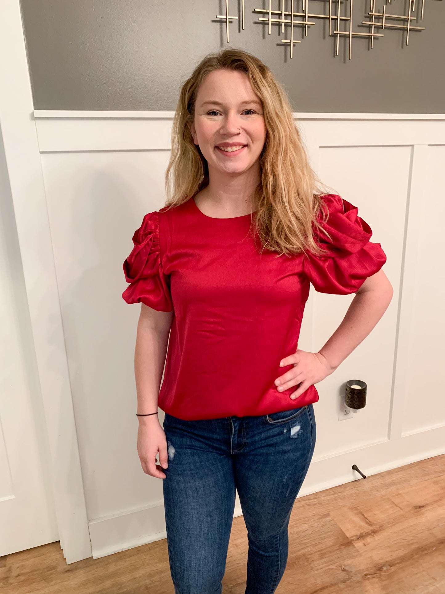 Avery Satin Fall Drape Sleeve Detail Blouse, Ruby