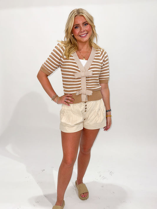 Halie Striped Short Sleeve Sweater with Bow Details, Coco