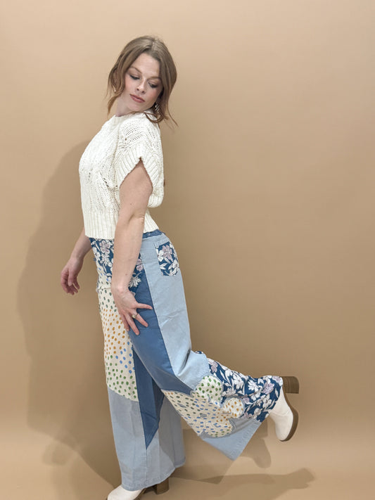 Anika Flower Patch Mixed Print Woven Wide Leg Pants, Denim