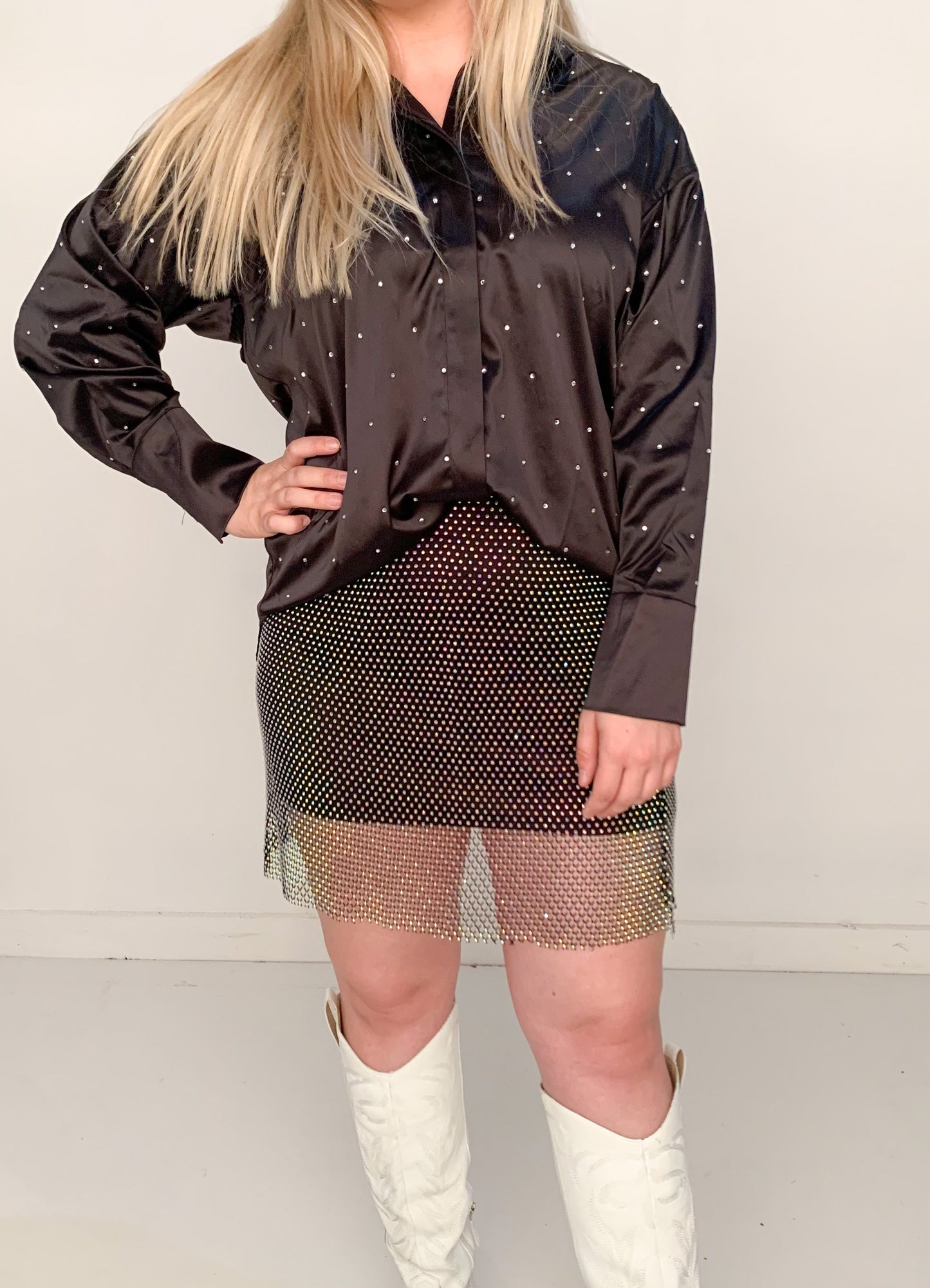 Tulsa Time Satin Rhinestone Button Up, Black