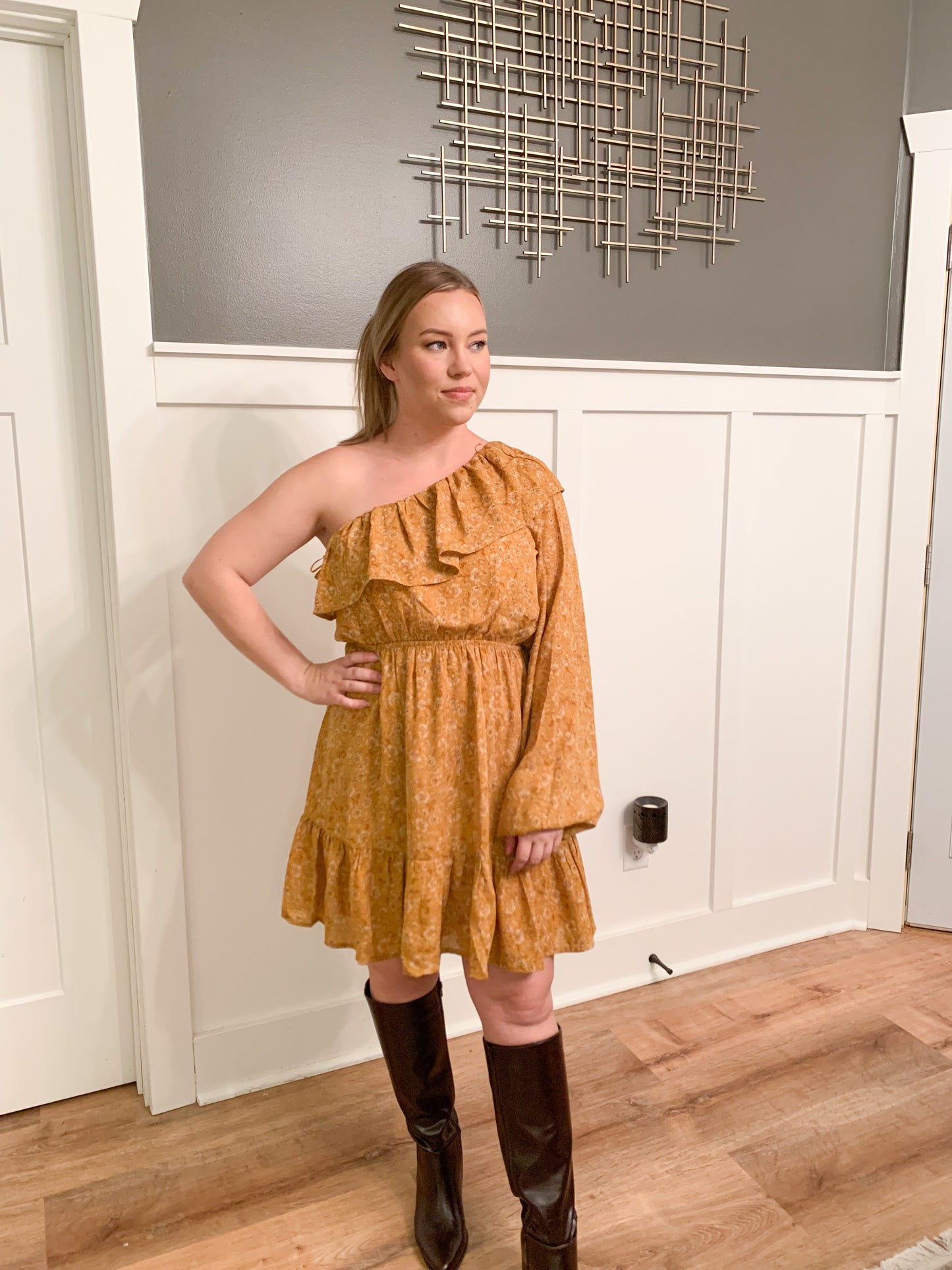 Gemma Boho One Shoulder Ruffled Mini Dress, Mustard