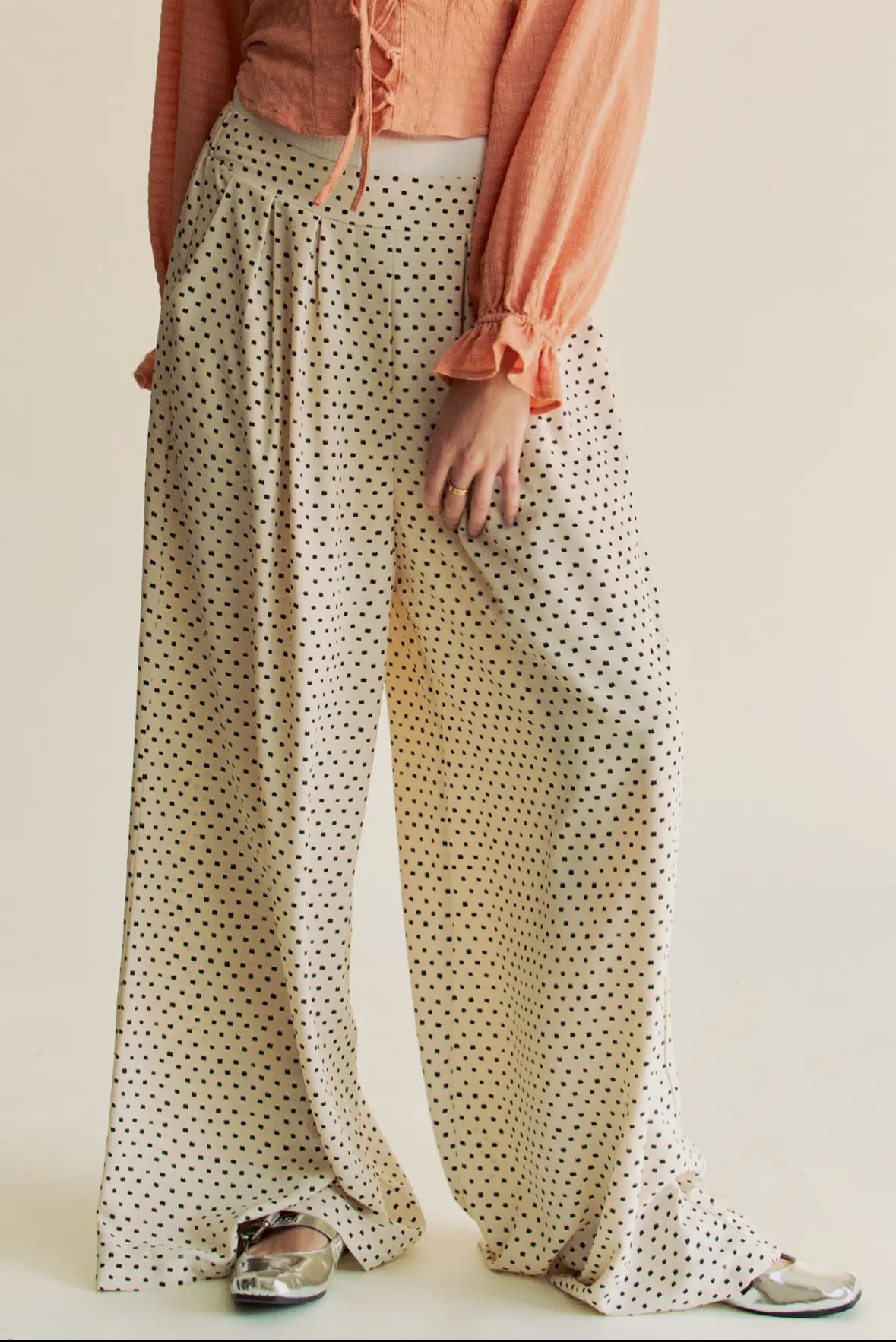Cassi Pleated Wide Leg Polka Dot Pants, Natural