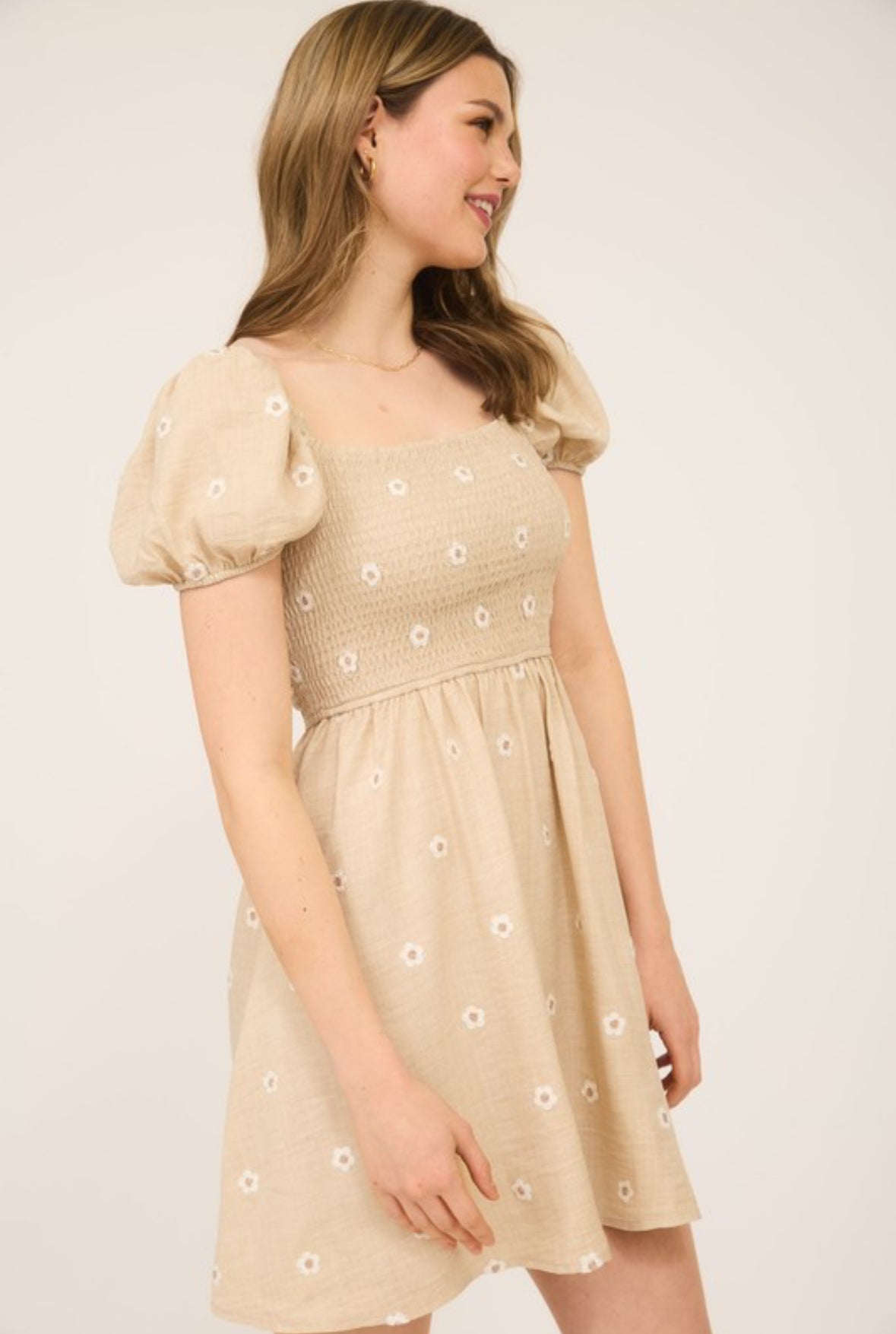 Cecilia Daisy Embroidered Smocked Babydoll Mini Dress, Taupe