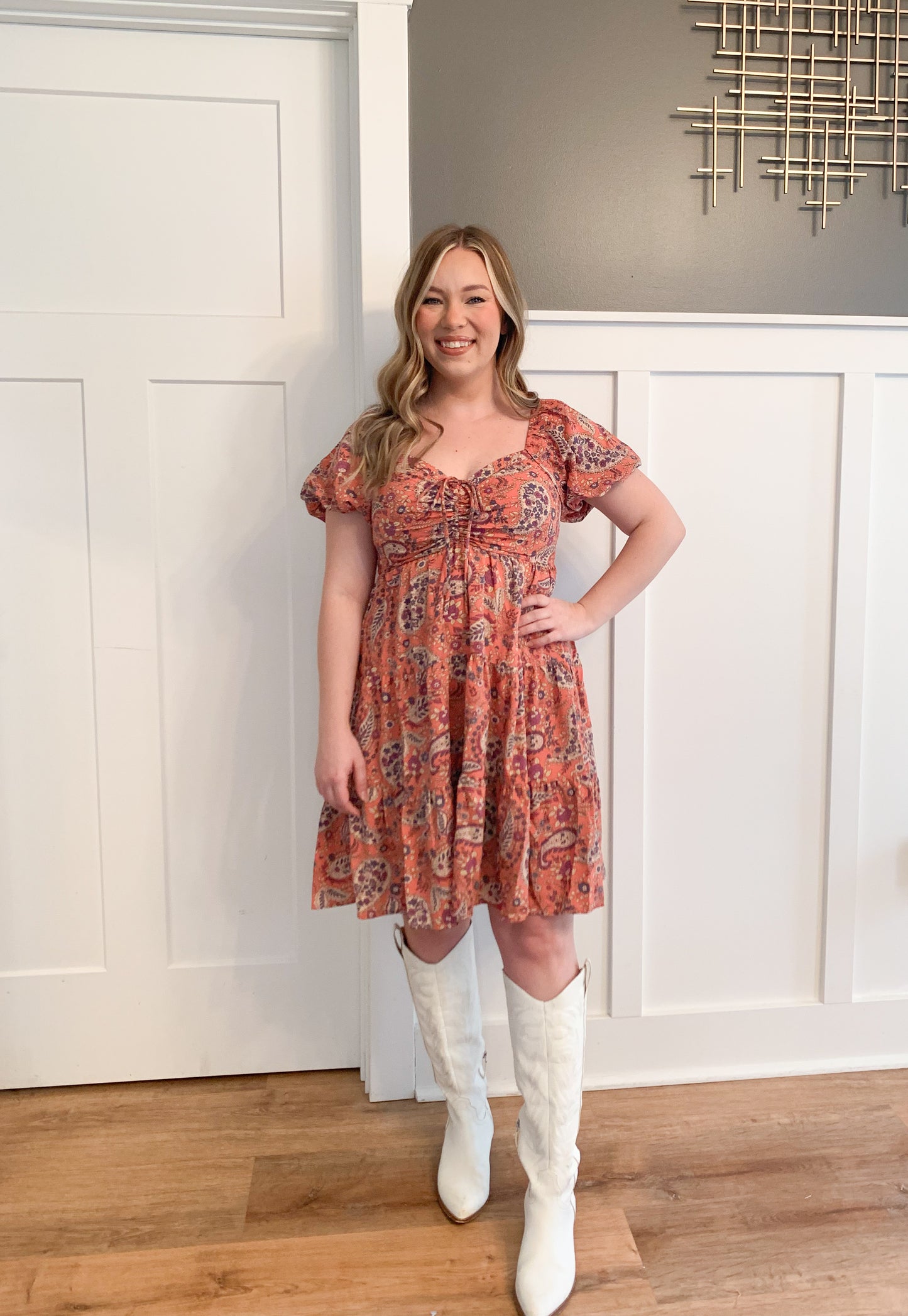 Jae Paisley Pattern Sweetheart Neckline Dress, Coral