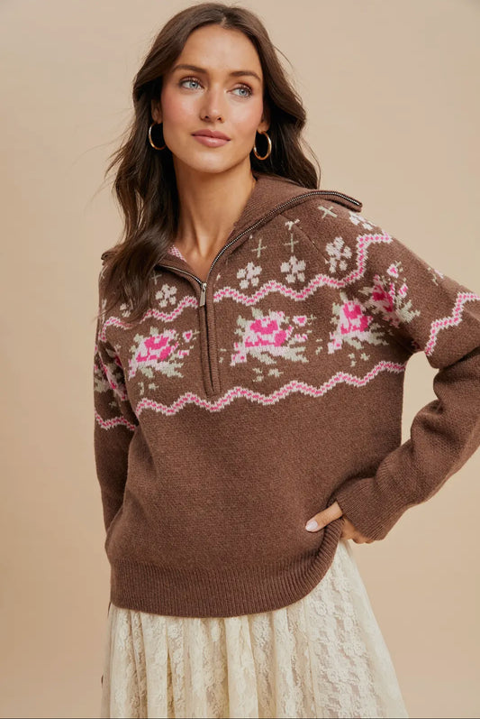 Gretta Floral Knitted Half Zip Pullover, Chestnut