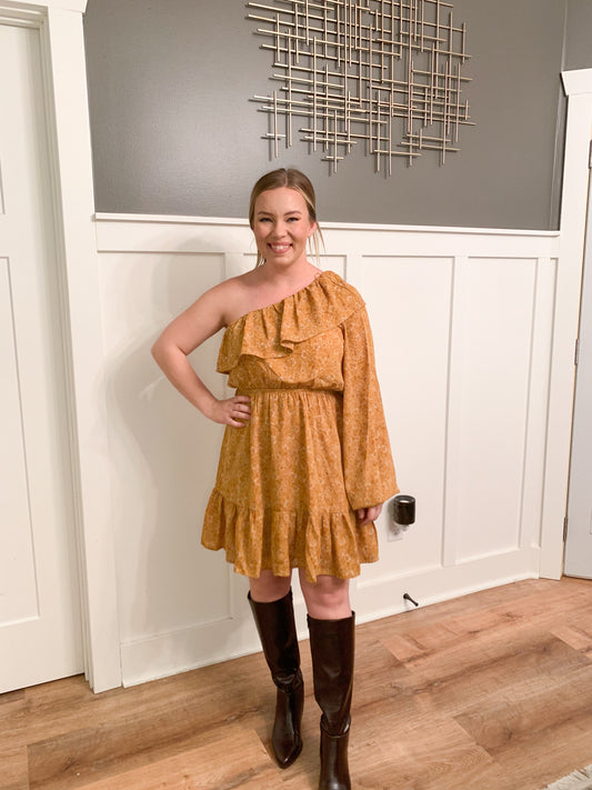 Gemma Boho One Shoulder Ruffled Mini Dress, Mustard