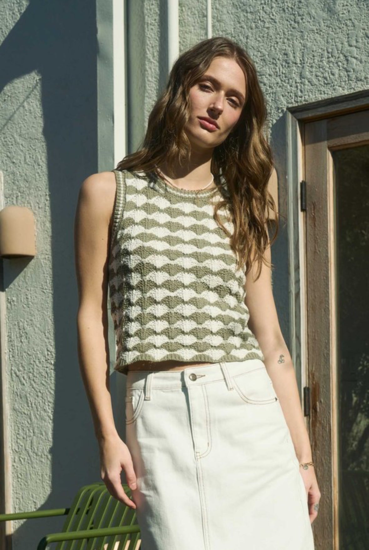Bryleigh Scallop Pattern Sweater Tank, Olive
