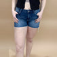 MJ Dark Wash Raw Hem Denim Shorts, Risen