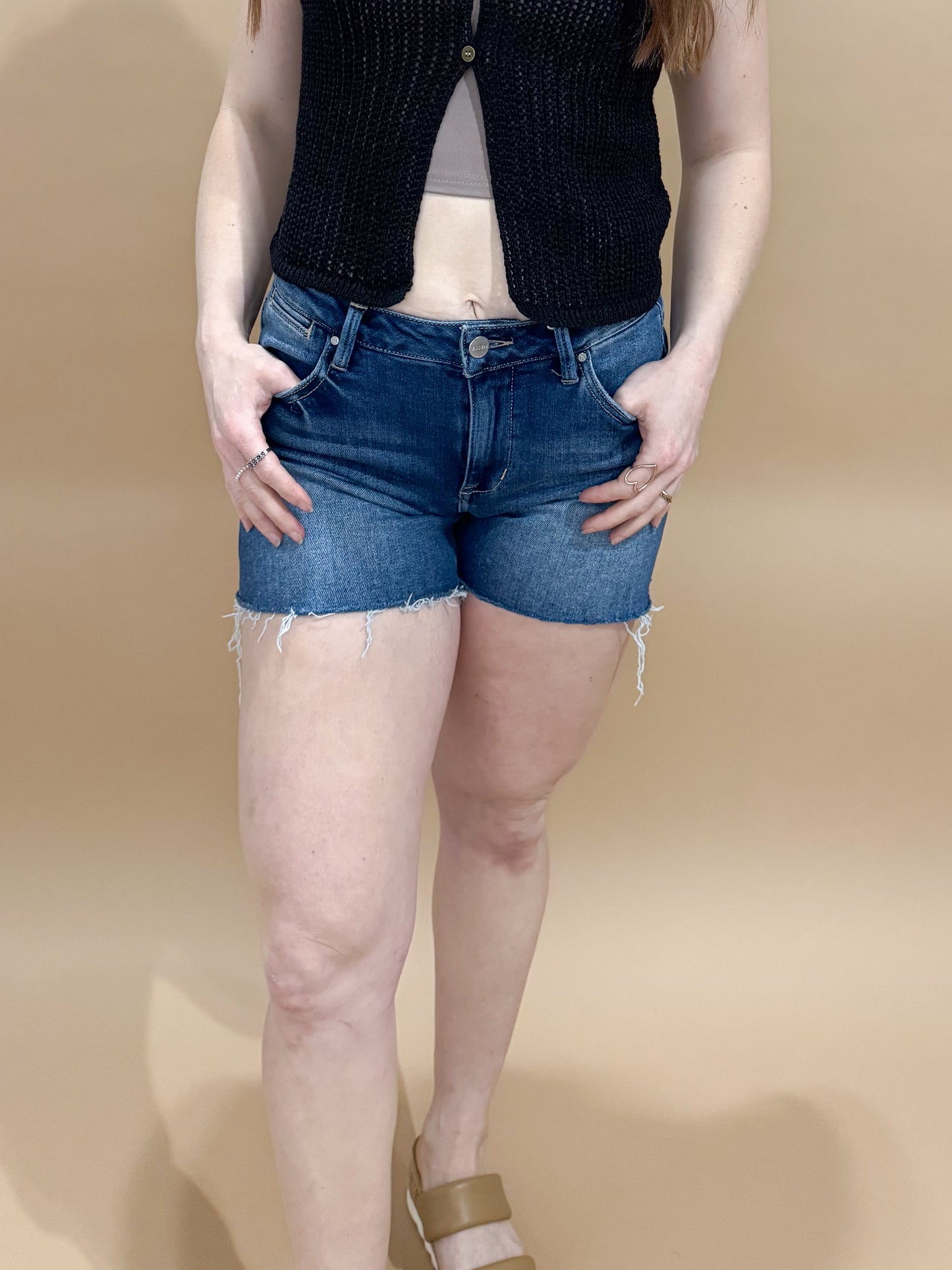 MJ Dark Wash Raw Hem Denim Shorts, Risen