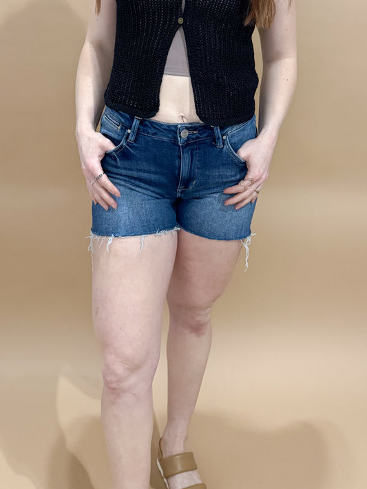 MJ Dark Wash Raw Hem Denim Shorts, Risen