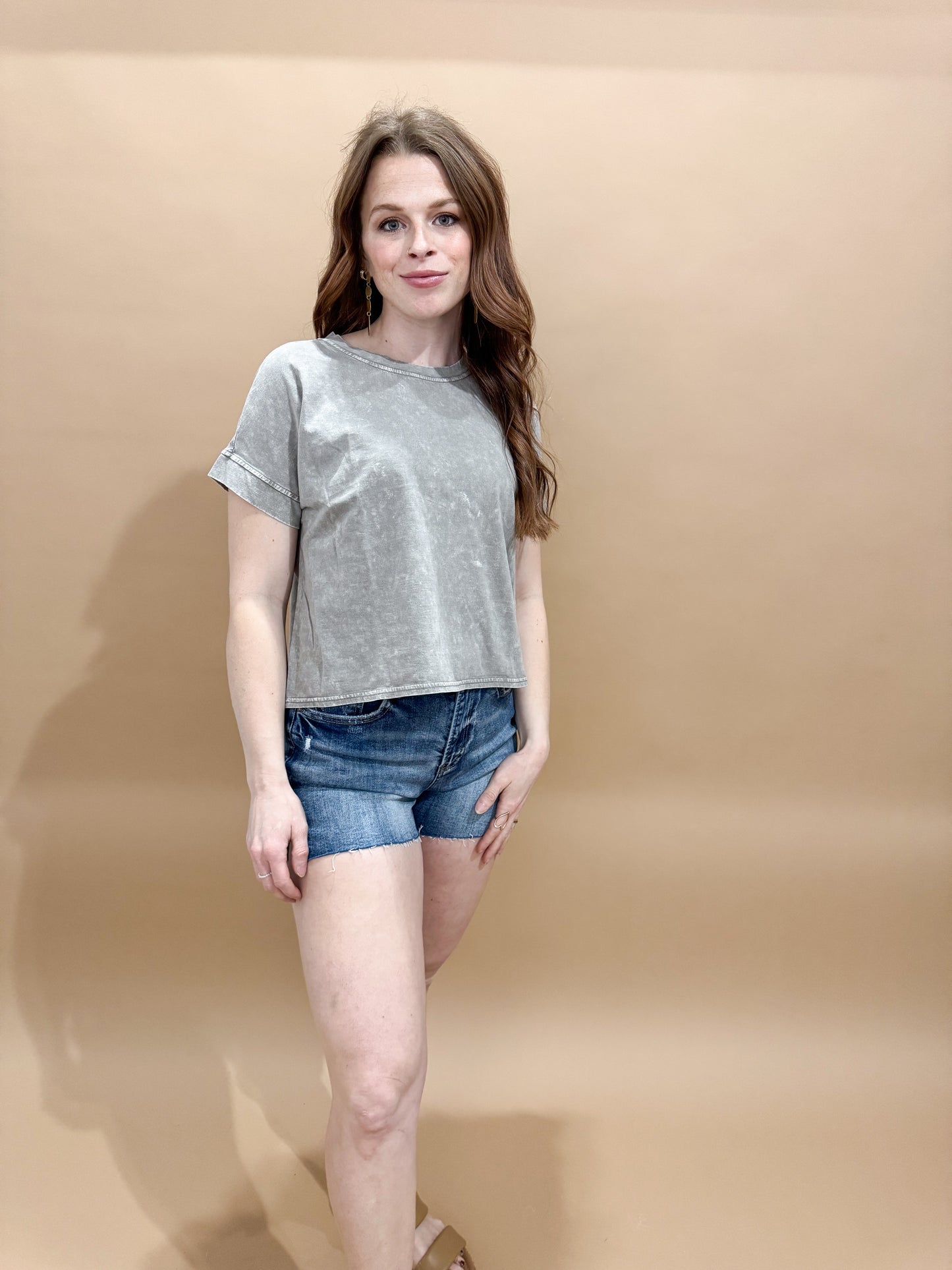 Eden Round Neck Mineral Wash Back Seam Detail Short Sleeve Top, Grey