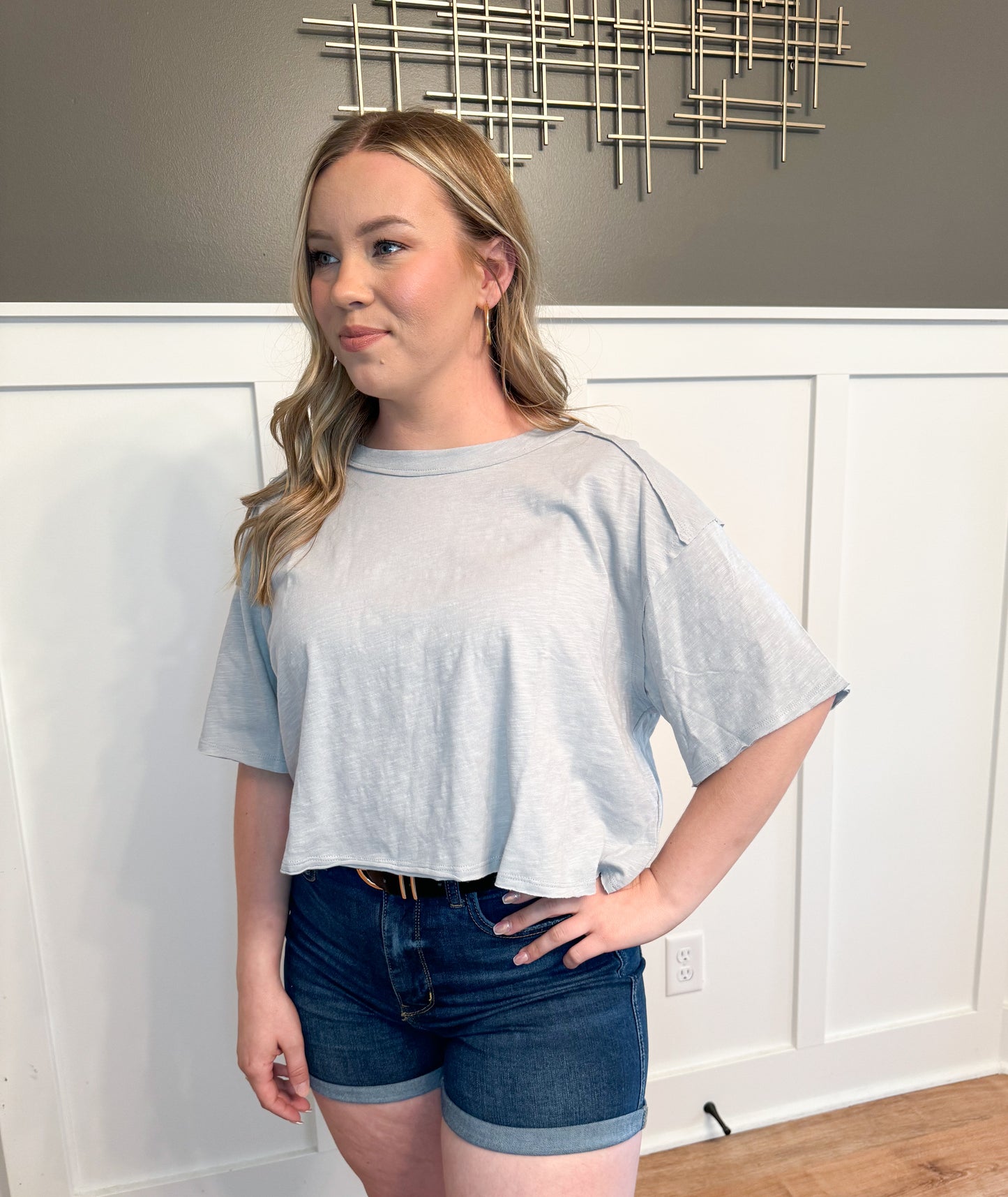 Rizzo Cotton Slub Cropped Tee, Light Grey