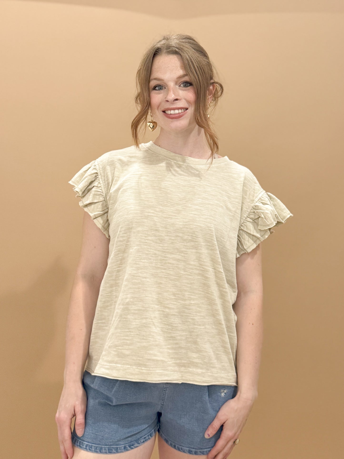 Dusti Wing Sleeve Cotton Slub Mineral Wash Knit Top, Khaki