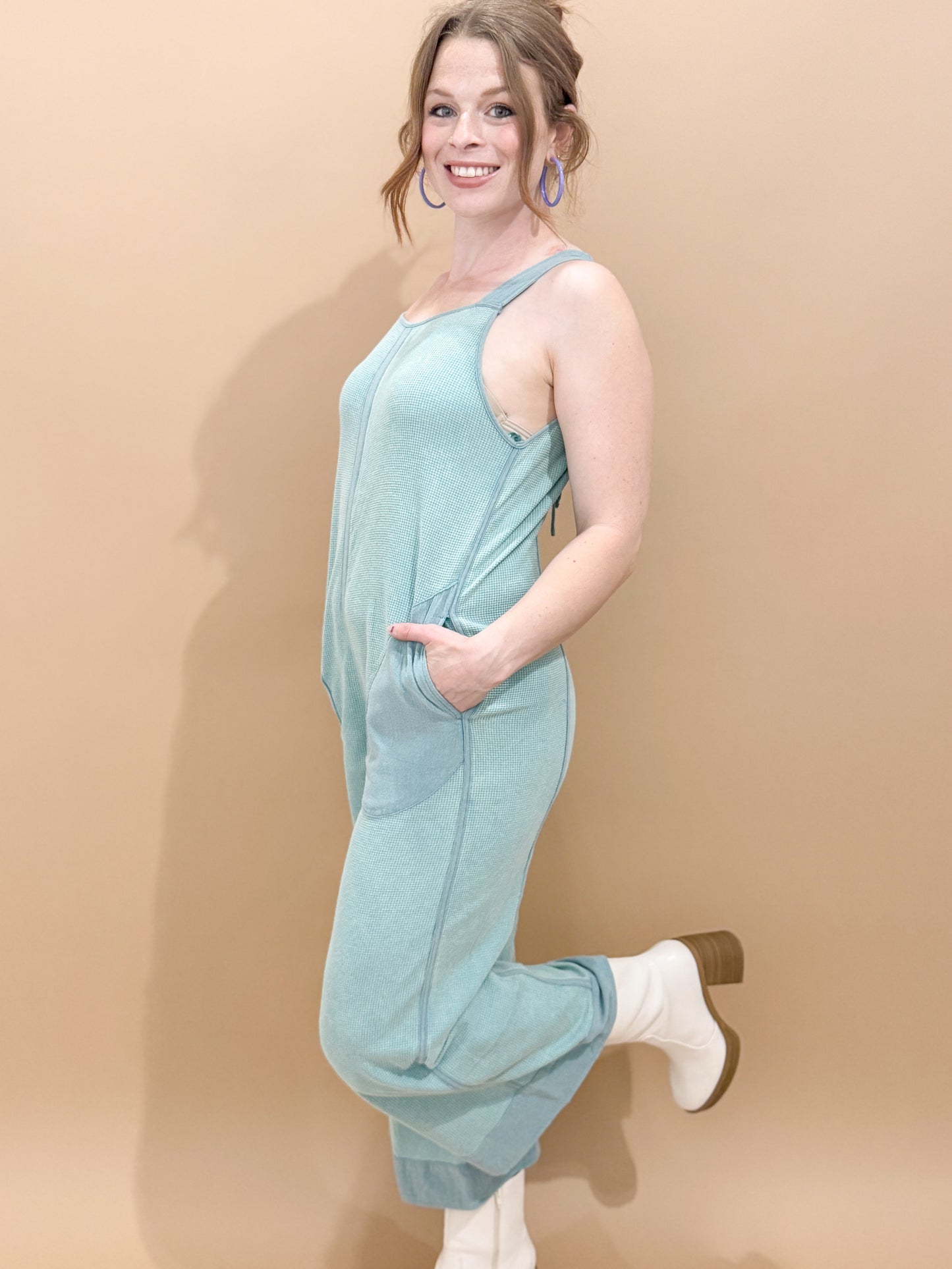 Ellen Mineral Wash Waffle Knit Jumpsuit, Blue