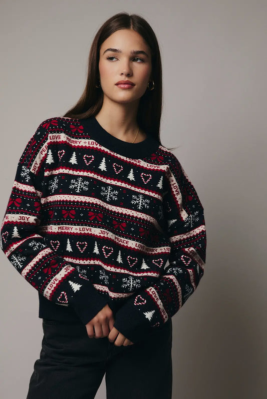 Joy Round Neck Holiday Sweater, Navy