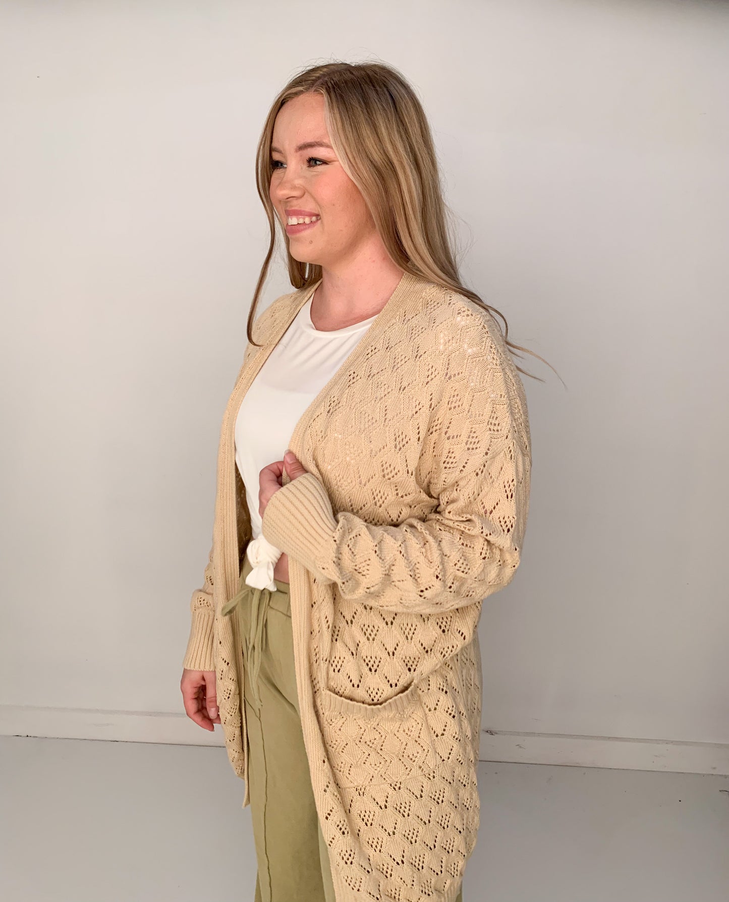 Chan Open Front Diamond Knit Cardigan, Oatmeal