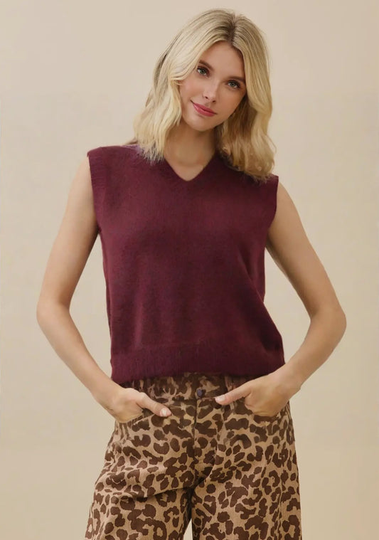 Mariah Classic V-Neck Sweater Vest, Wine