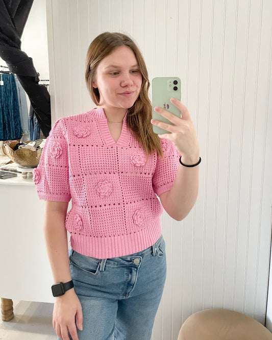 Meredith Floral Crochet Top, Pink