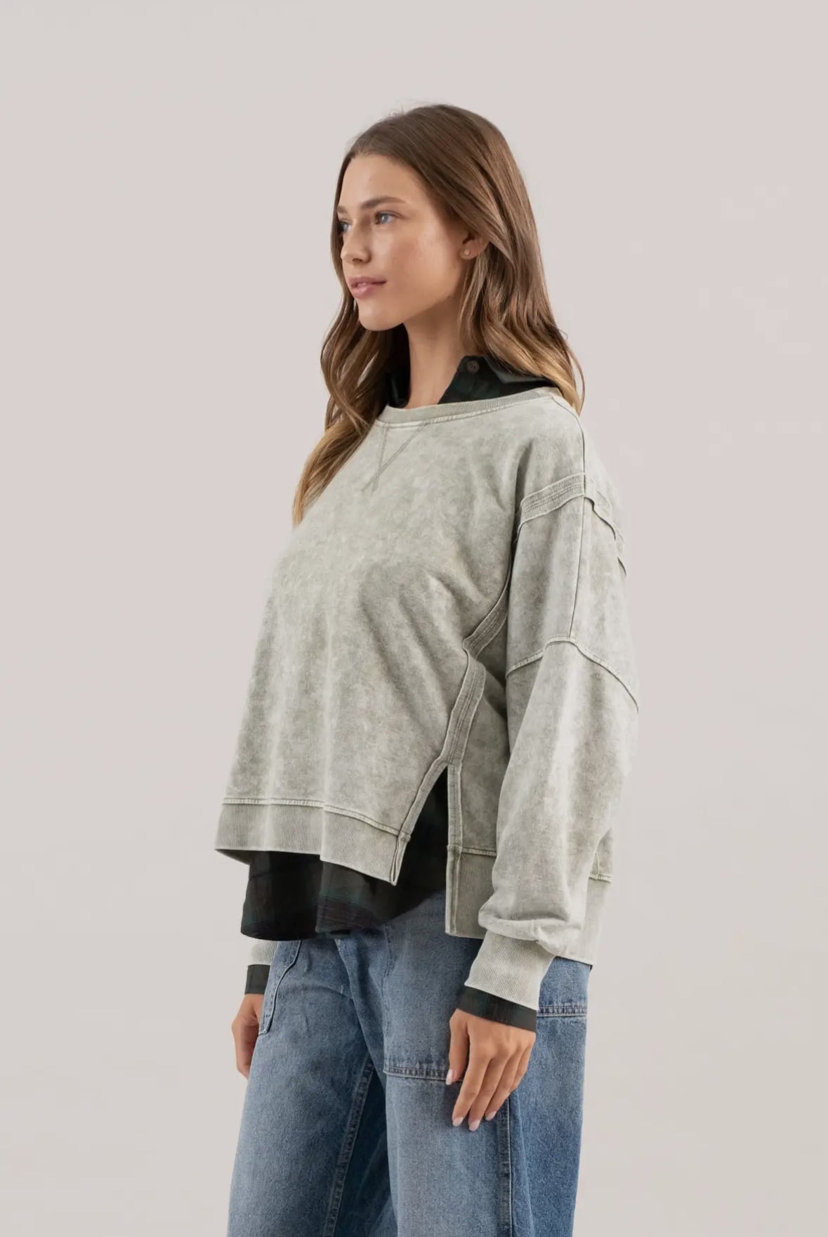Annie Mineral Wash Crewneck Top, Olive