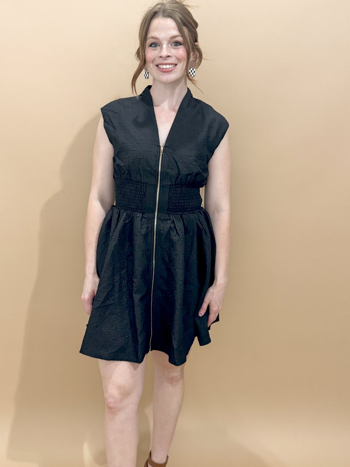 Demi Floral Appliqué Zip Up Mini Dress, Black