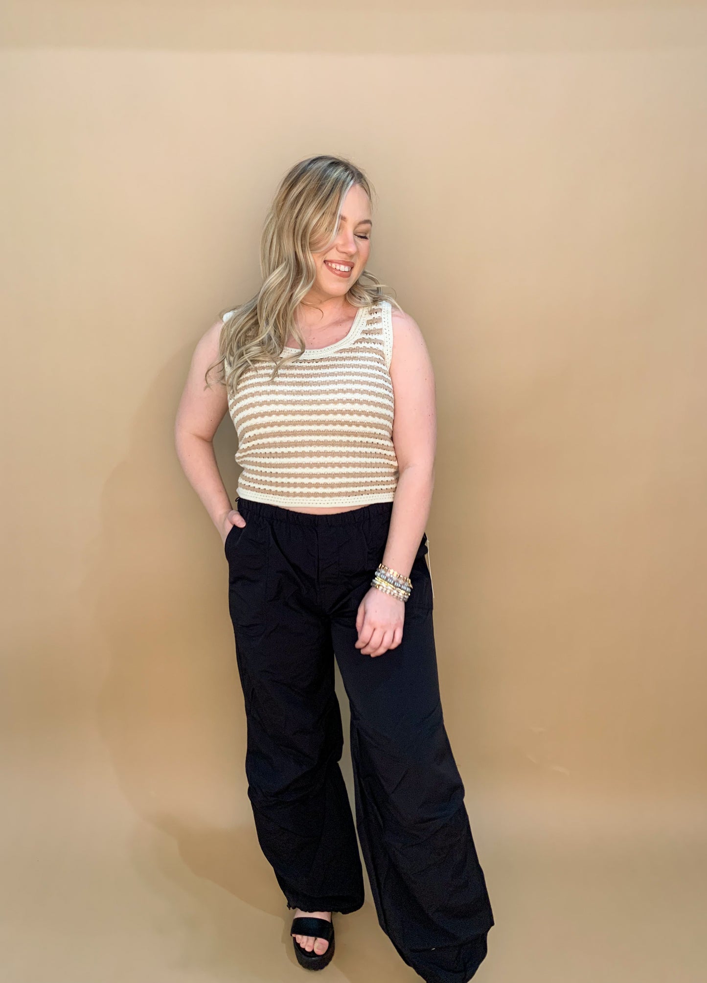 Victoria Striped Crochet Tank, Taupe