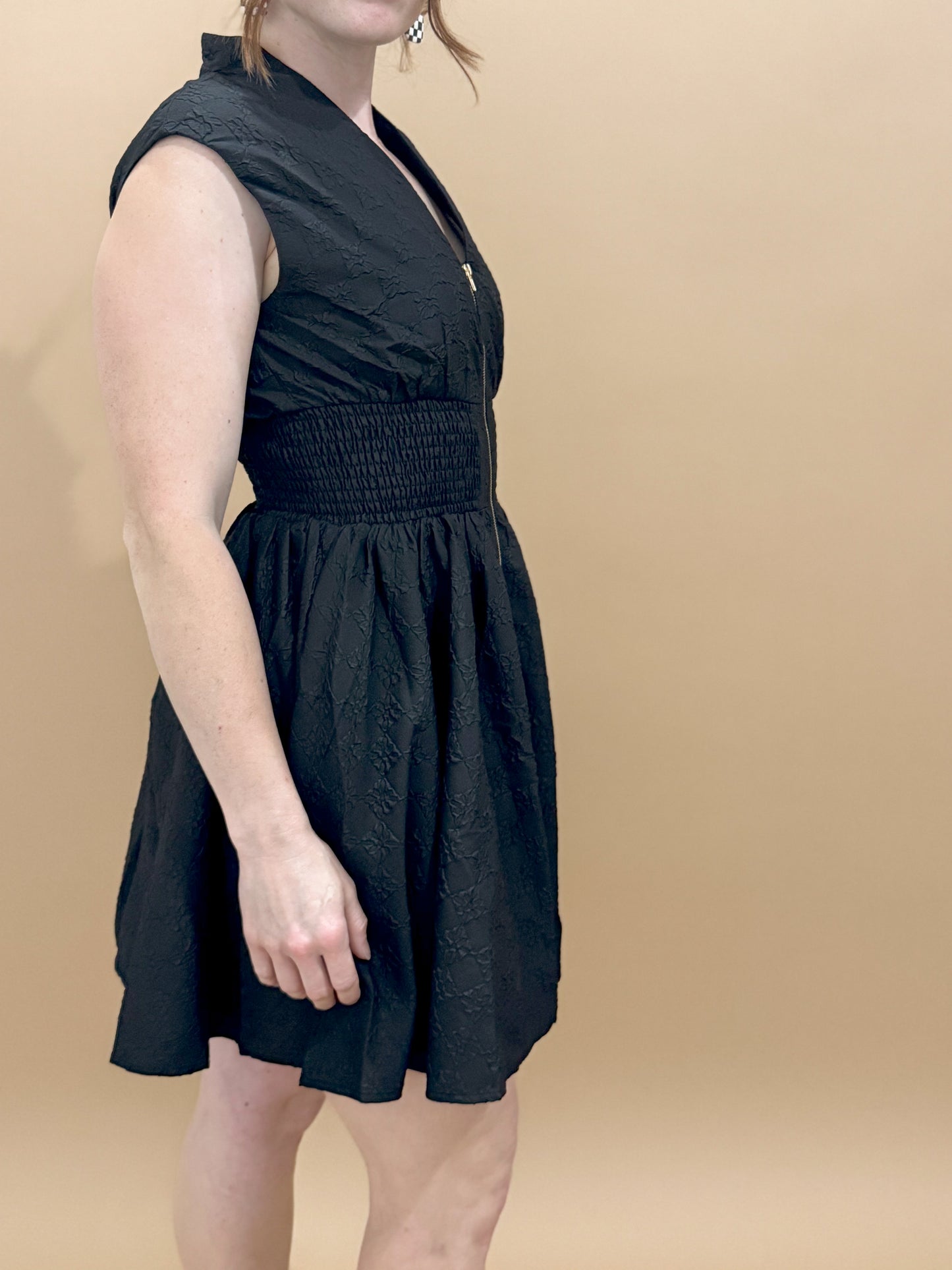 Demi Floral Appliqué Zip Up Mini Dress, Black