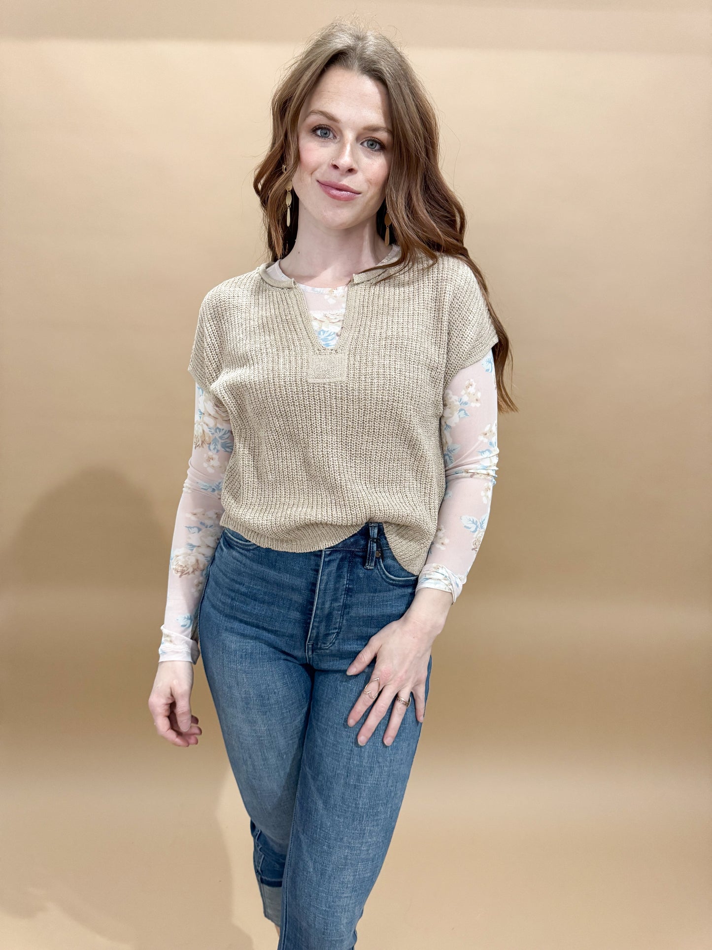 Elvie Floral Print Mesh Fitted Long Sleeve Top, Blush