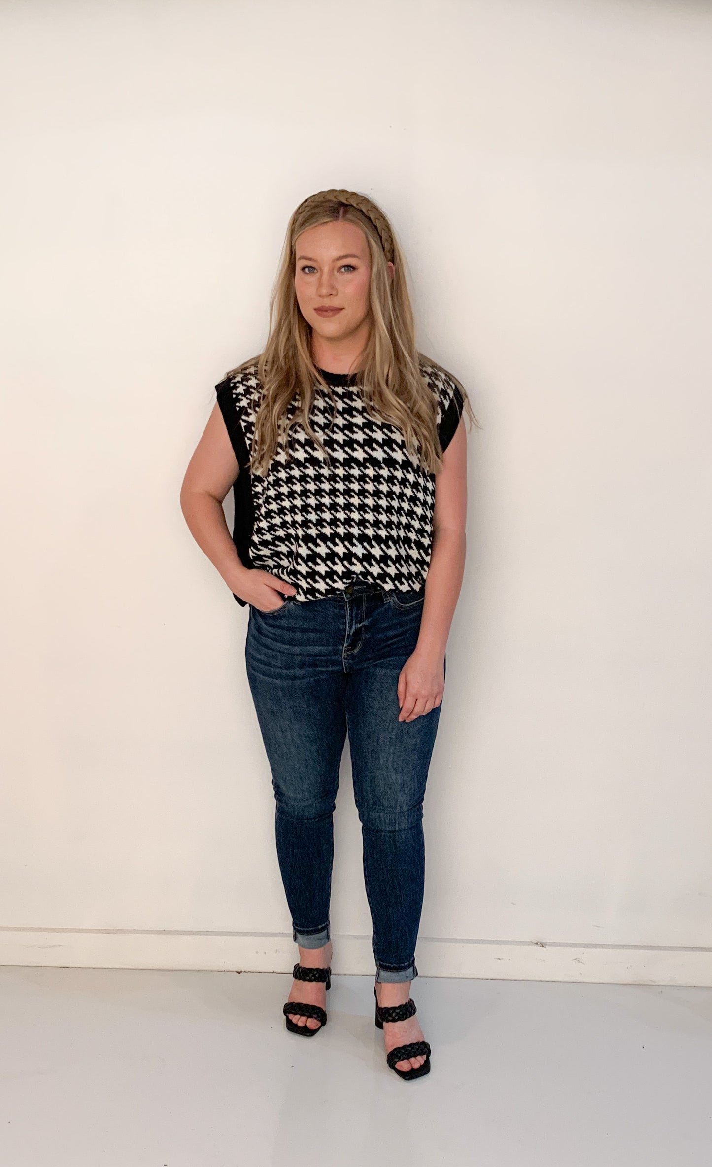 Workin' Girl Houndstooth Sweater Vest, Black