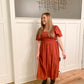 Sierra Smocked Midi Dress with Crinkle Fabric, Rust