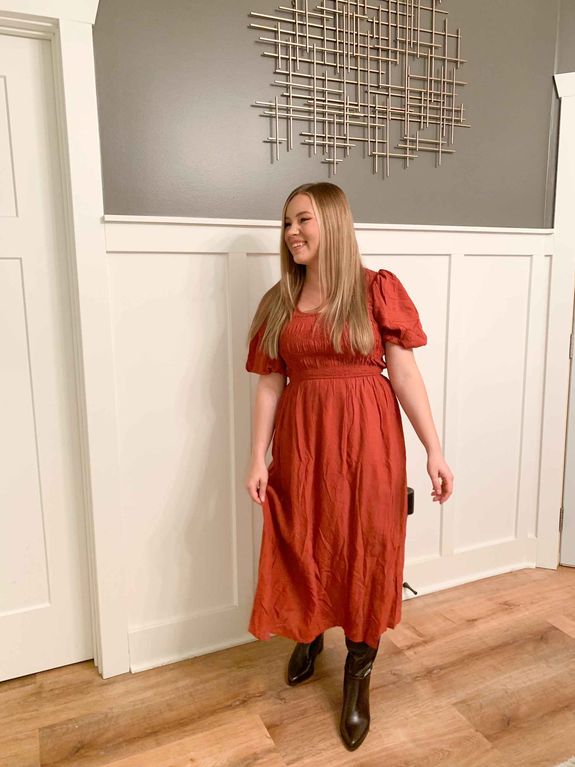 Sierra Smocked Midi Dress with Crinkle Fabric, Rust Modern Groove Boutique Sierra Smocked Midi Dress with Crinkle Fabric, Rust Modern Groove Boutique