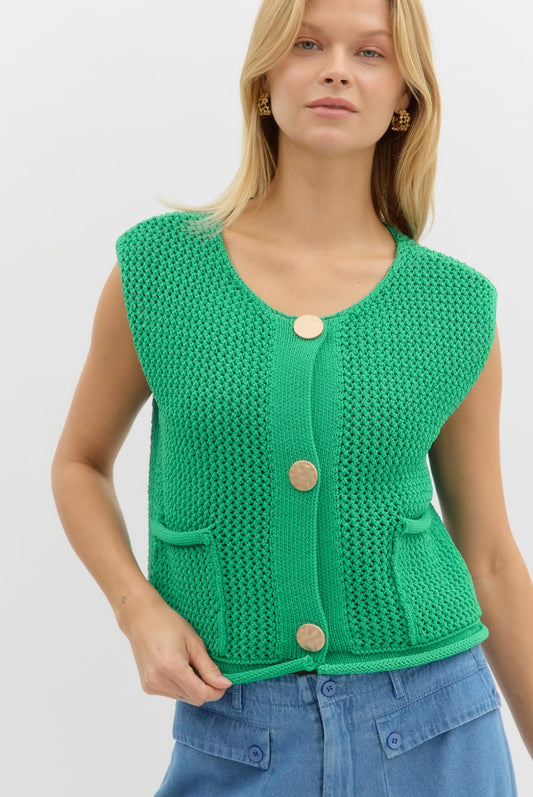 Zellie Knit Button Up Sweater Vest, Green